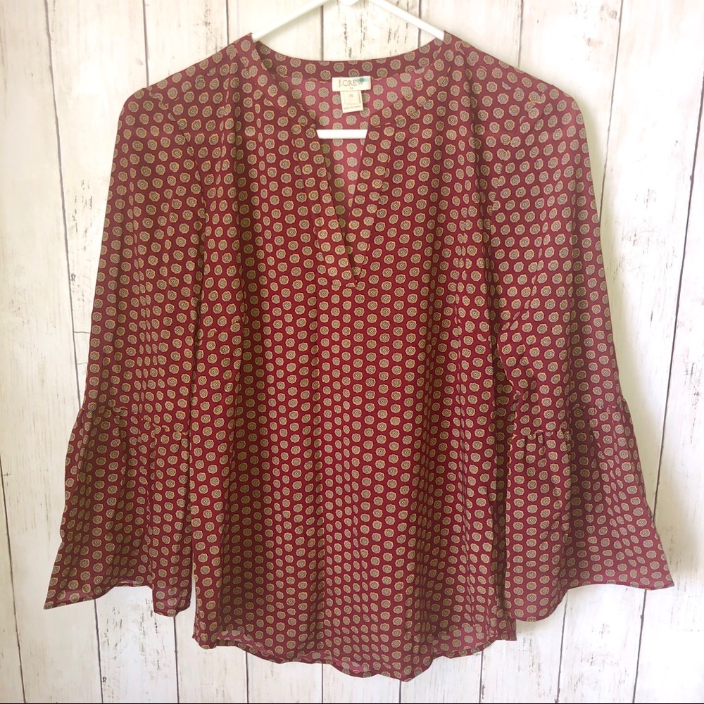 J. Crew‎ Red Burgundy Bell Sleeve Fall Medallion Print Blouse XS
